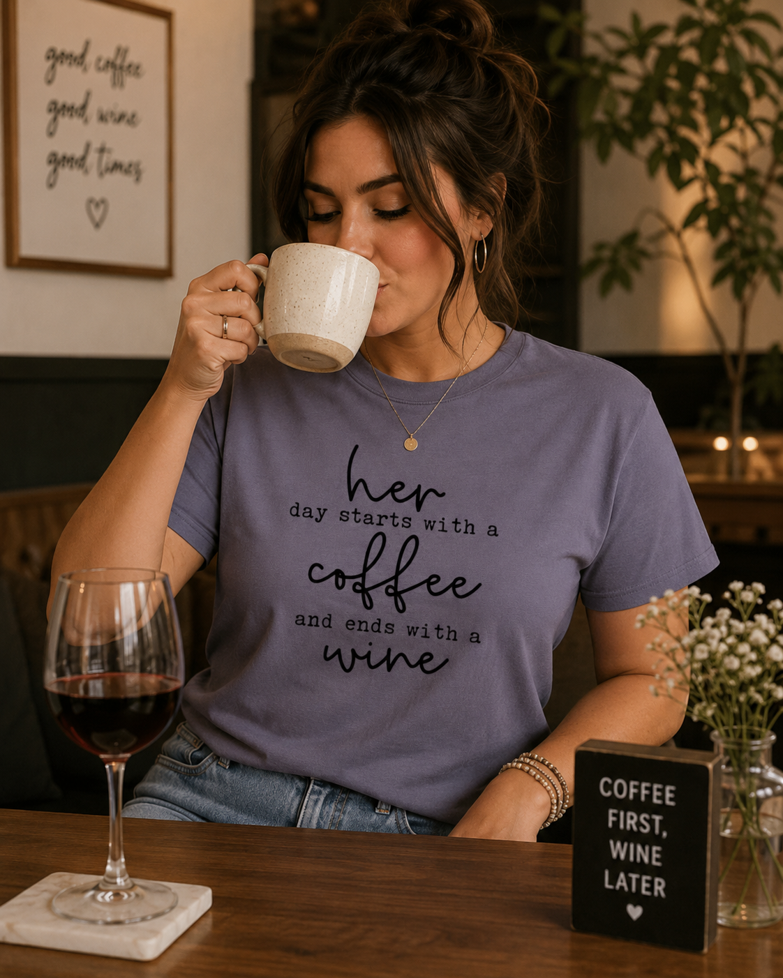 Her Day Starts with Coffee & Ends with Wine Tee