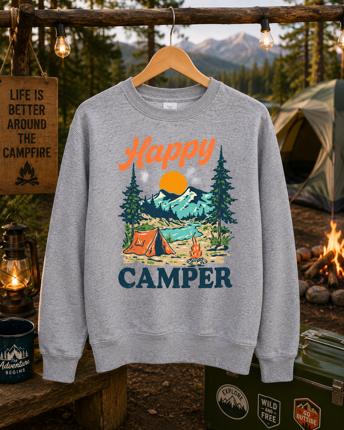 🏕️ Happy Camper Sweatshirt-Youth 🌲☀️
