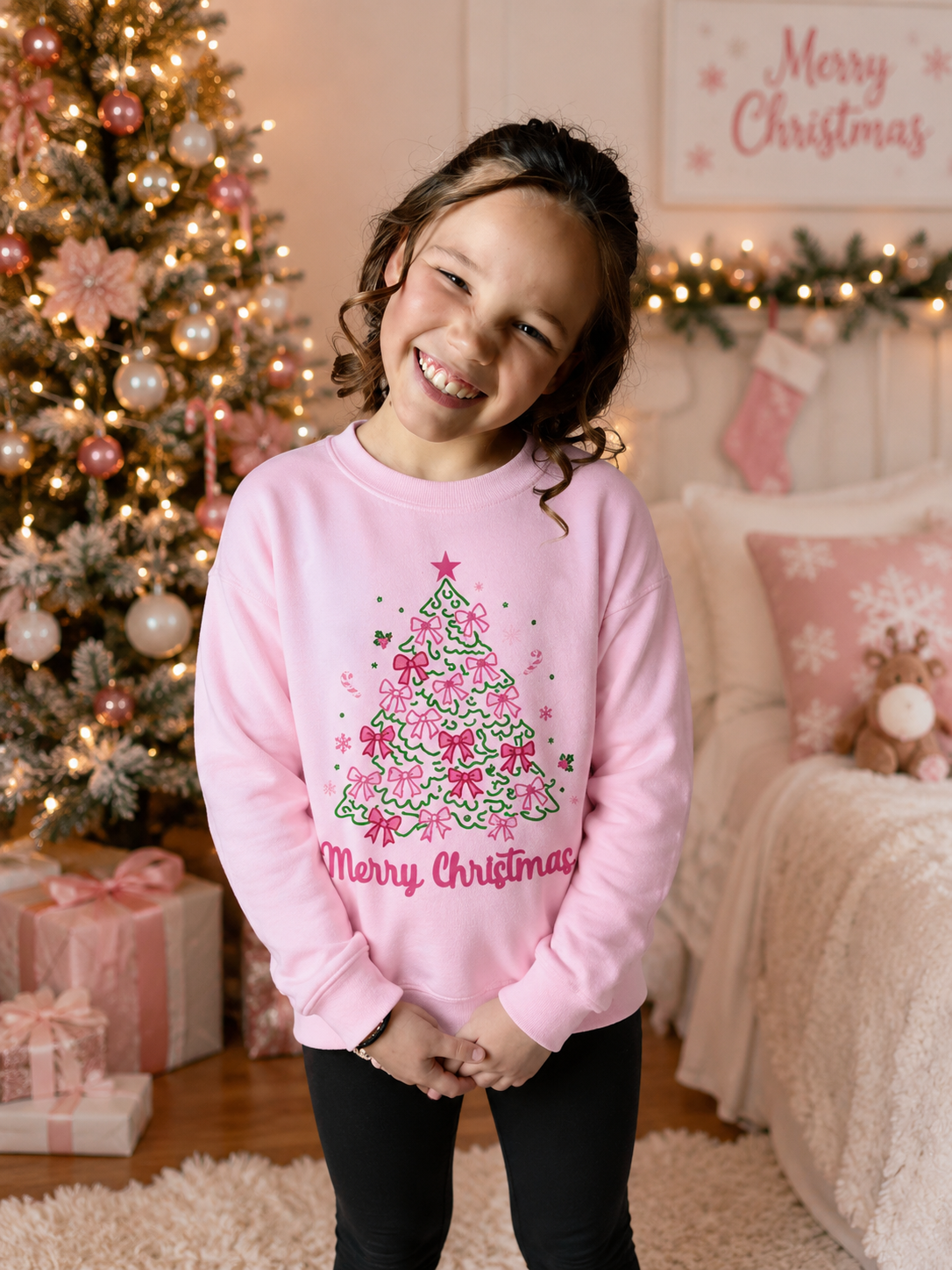 Merry Christmas Bow Tree Sweatshirt- Youth